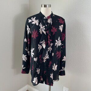 Ann Taylor Womens Large Tall Floral Ruffle Front Long Sleeve Blouse Shirt